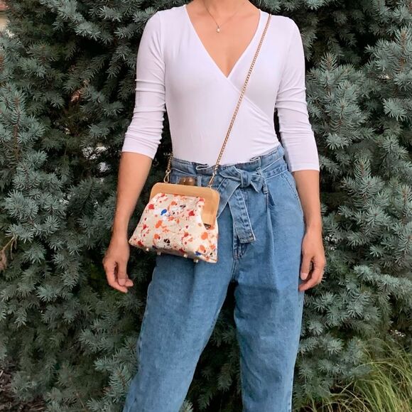 Handmade Genuine Leather Splatter Printed Wooden Frame Clutch with Small Purse - Picture 8 of 16